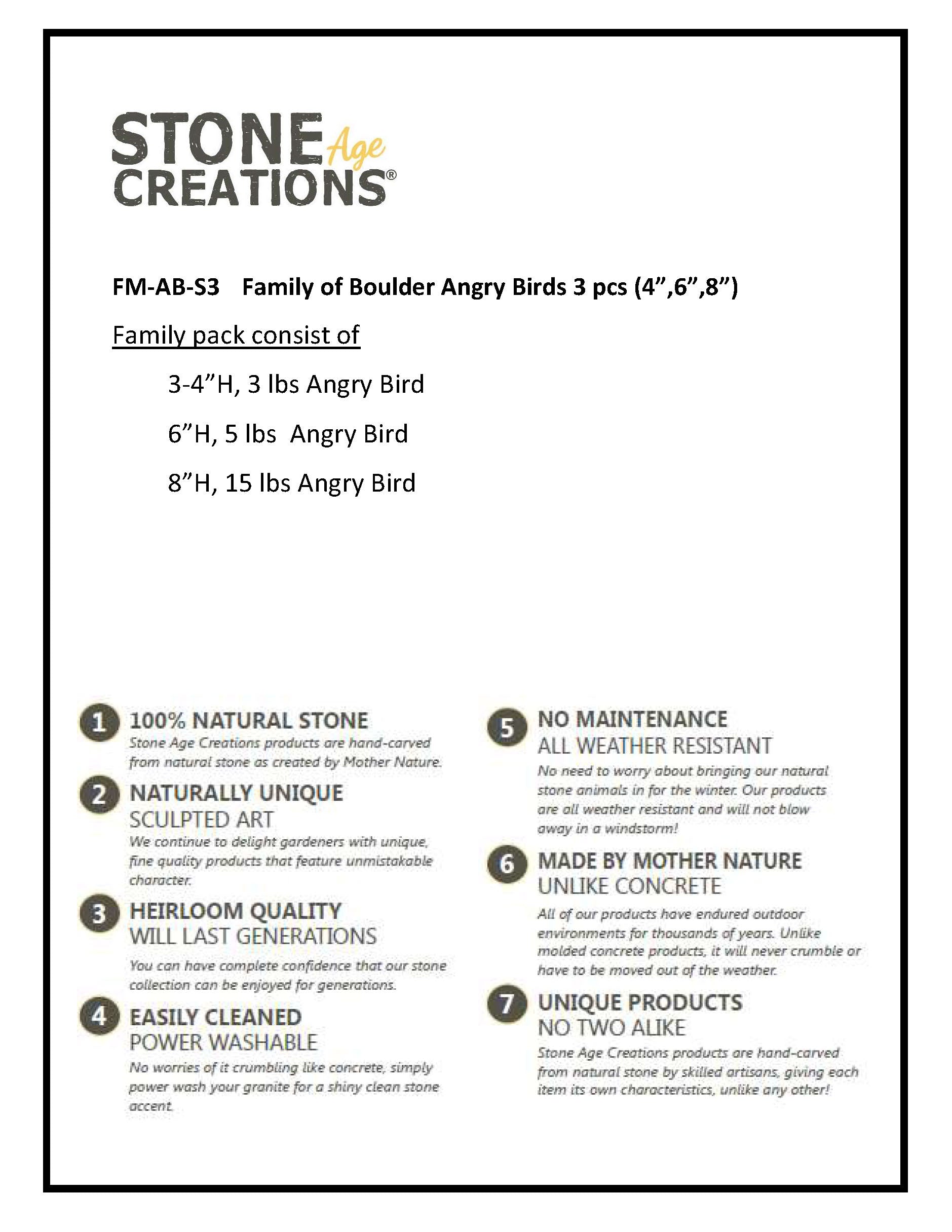 Family of Boulder Angry Birds - 3 Pcs 4"H, 6"H, 8"H,