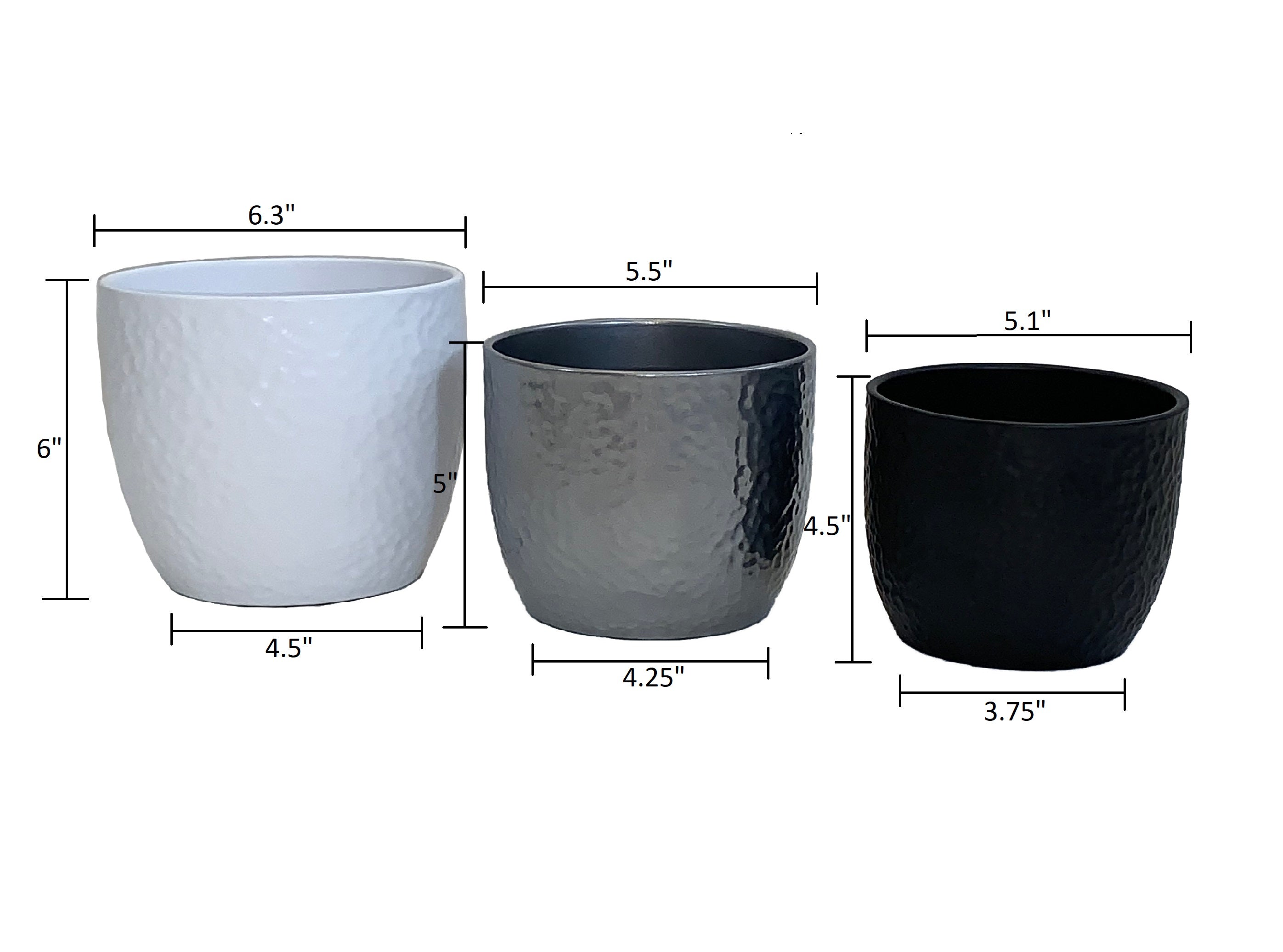 Boston Ceramic Pots ( 3 Piece Set) - 6.3" White, 5.5" Silver, & 5.1" Anthracite