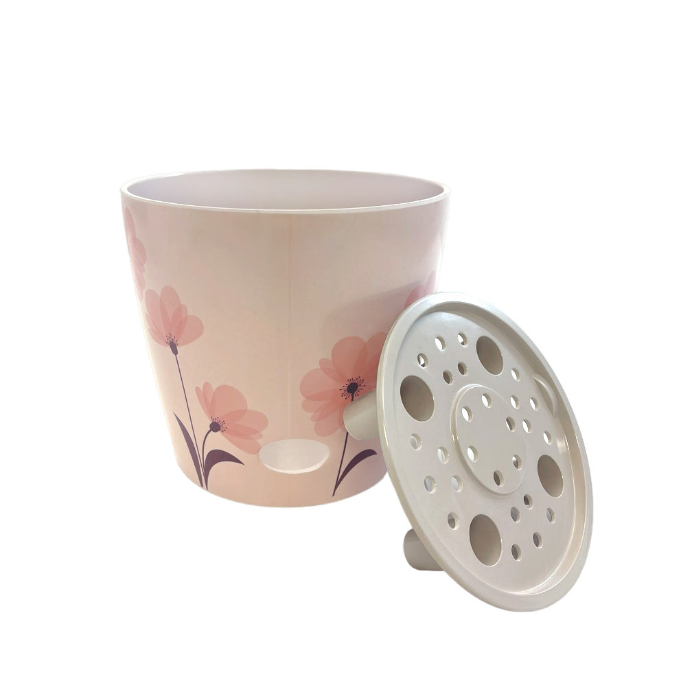 5" Round Self-Watering Bamboo Pot - Pink Flower