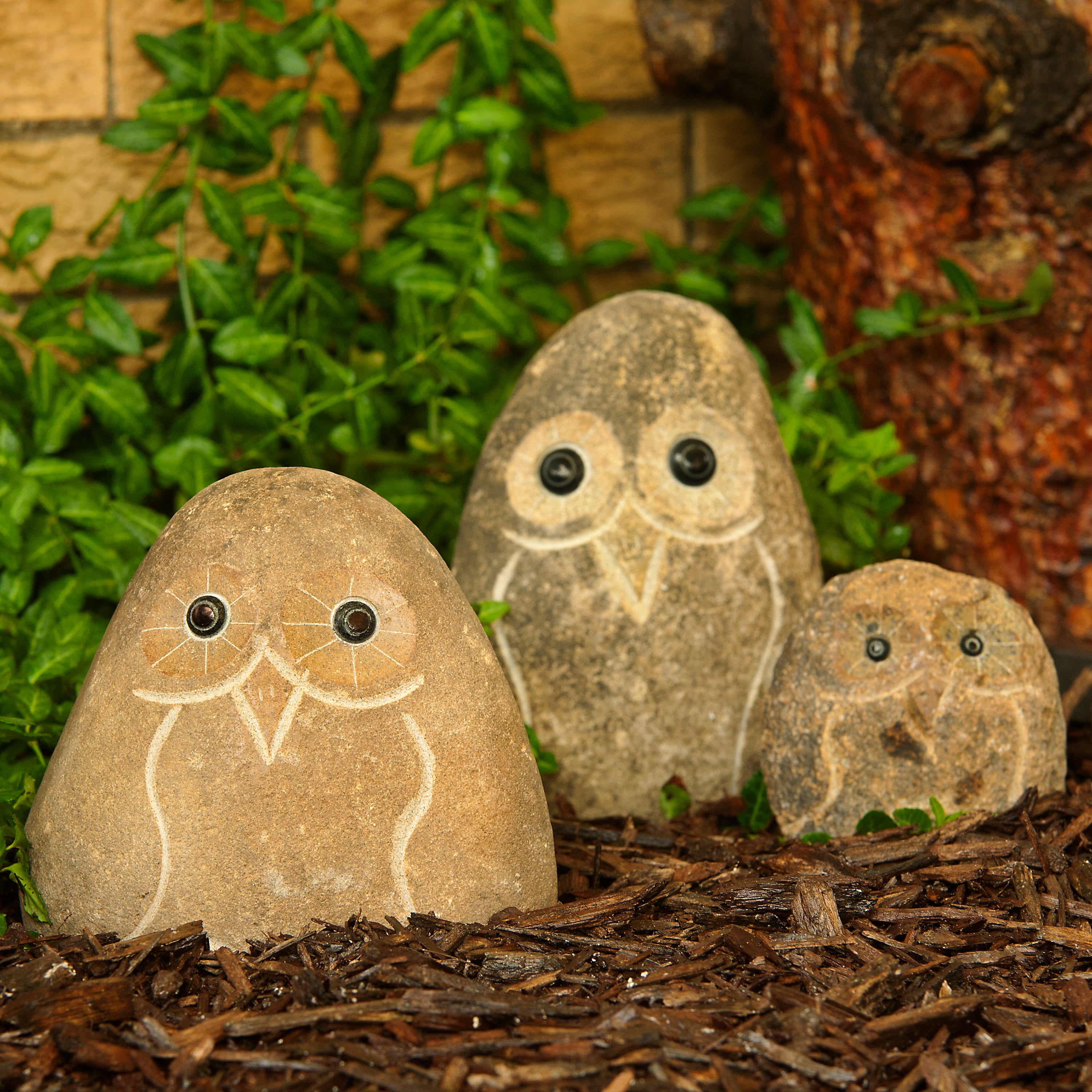 Family of Boulder Owls - 3 Pcs 4"H, 6"H, 8"H