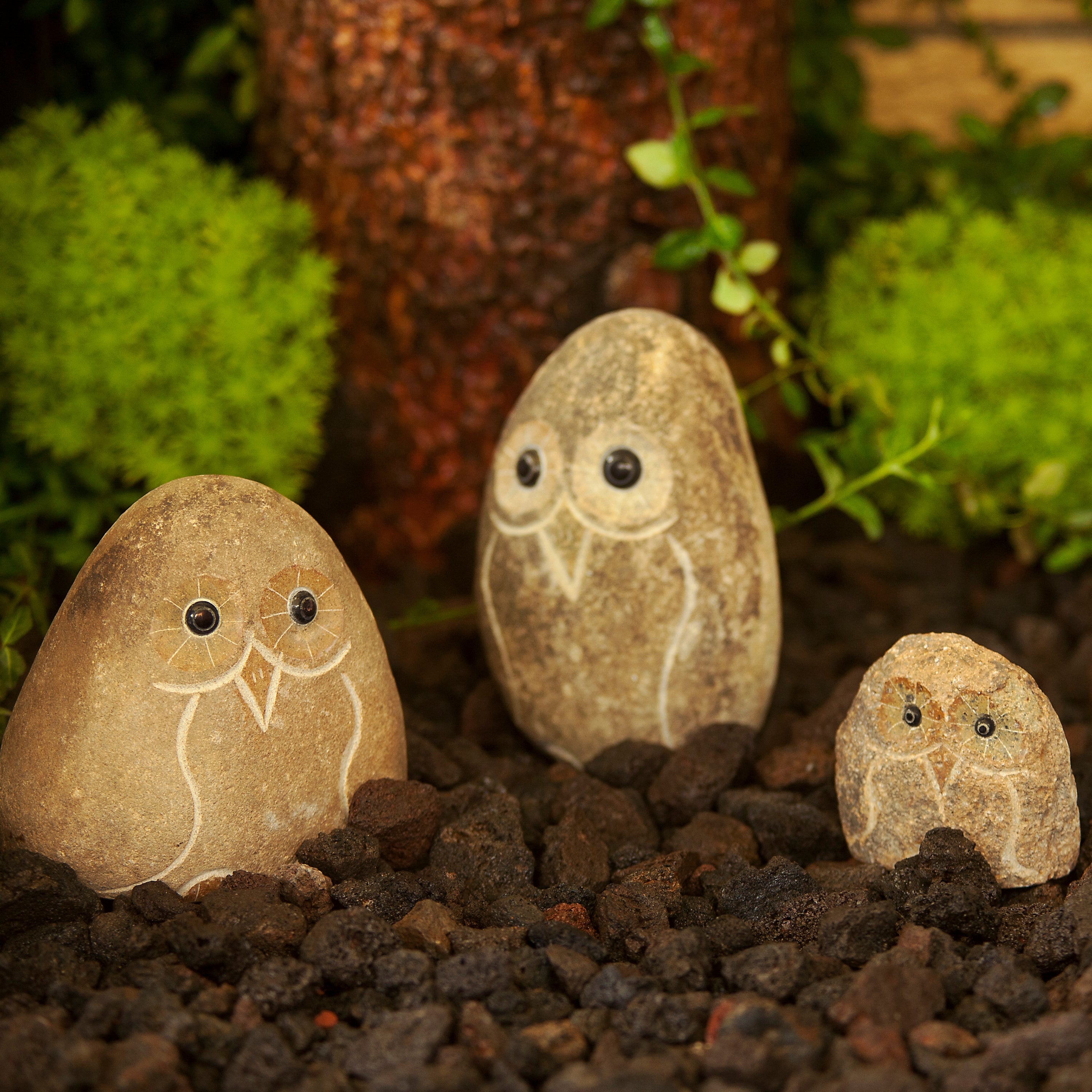 Family of Boulder Owls - 3 Pcs 4"H, 6"H, 8"H