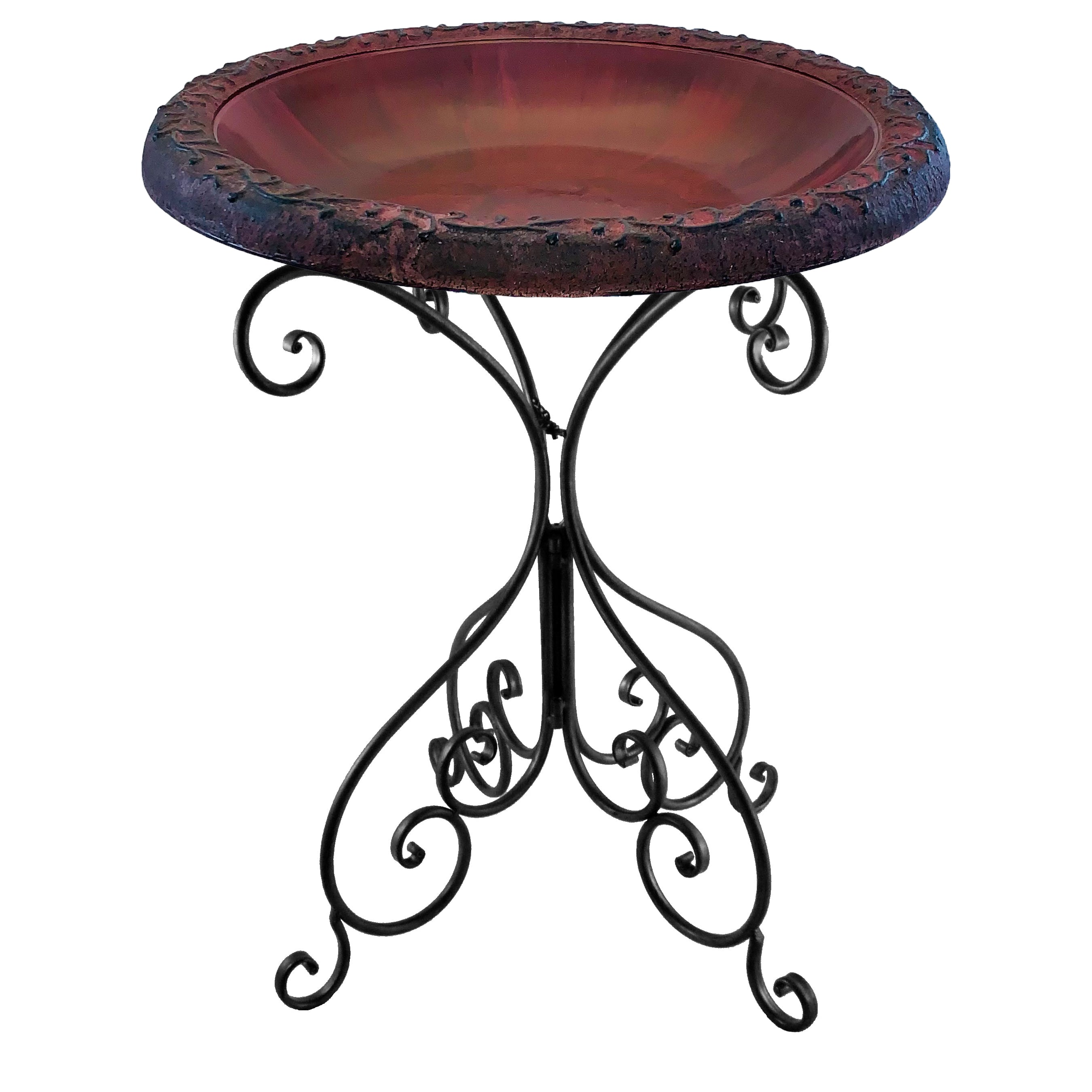 Red/Charcoal Fiber Clay Birdbath on Black Metal Base - 28"