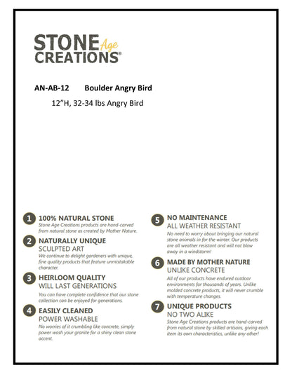 Boulder Angry Bird - 12"H