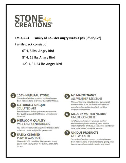 Family of Boulder Angry Birds - 3 Pcs 6"H, 8"H, 12"H