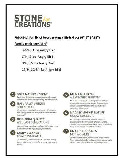 Family of Boulder Angry Birds - 4 Pcs 4"H,6"H, 8"H, 12"H