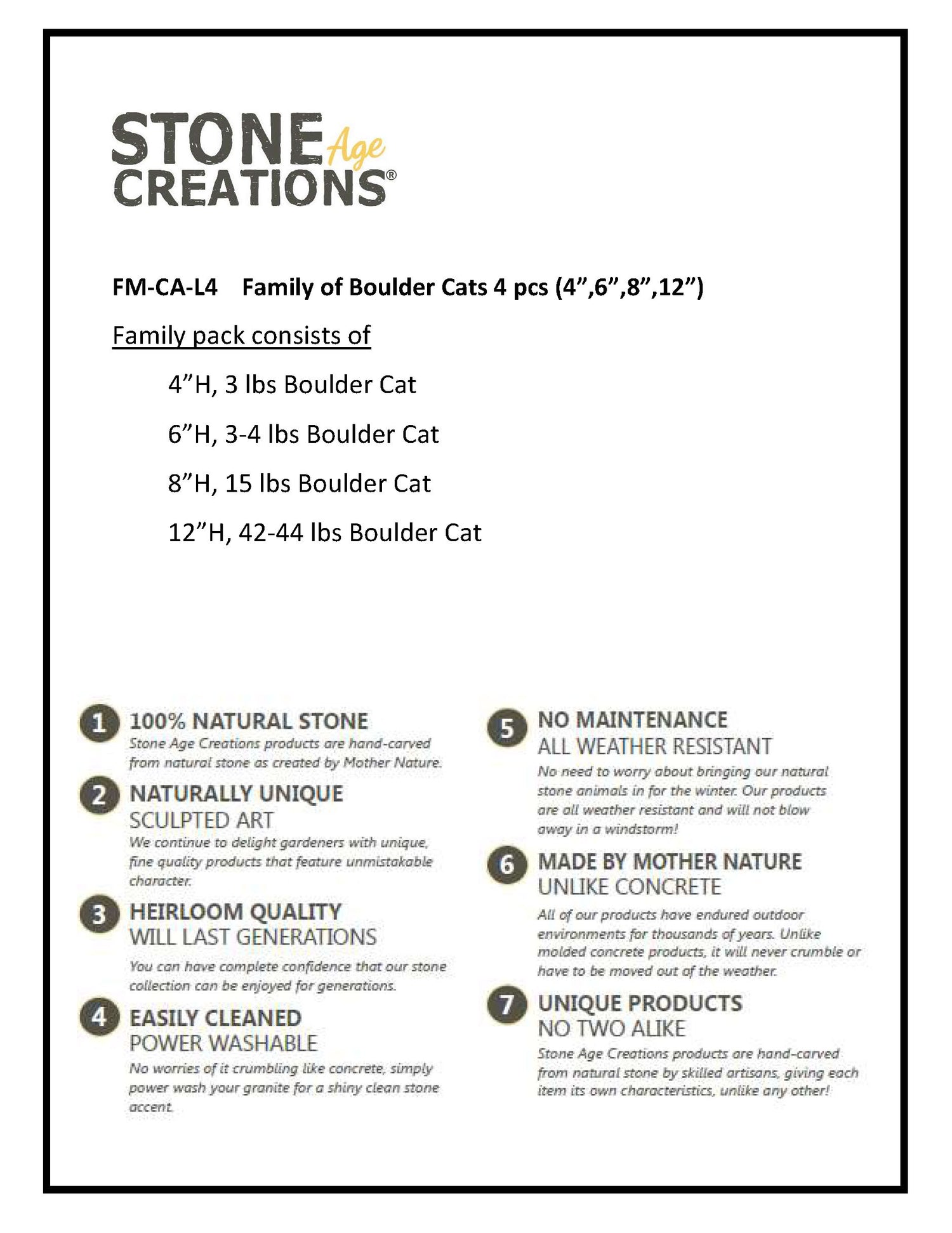 Family of Boulder Cats - 4 Pcs 4"H, 6"H, 8"H, 12"H