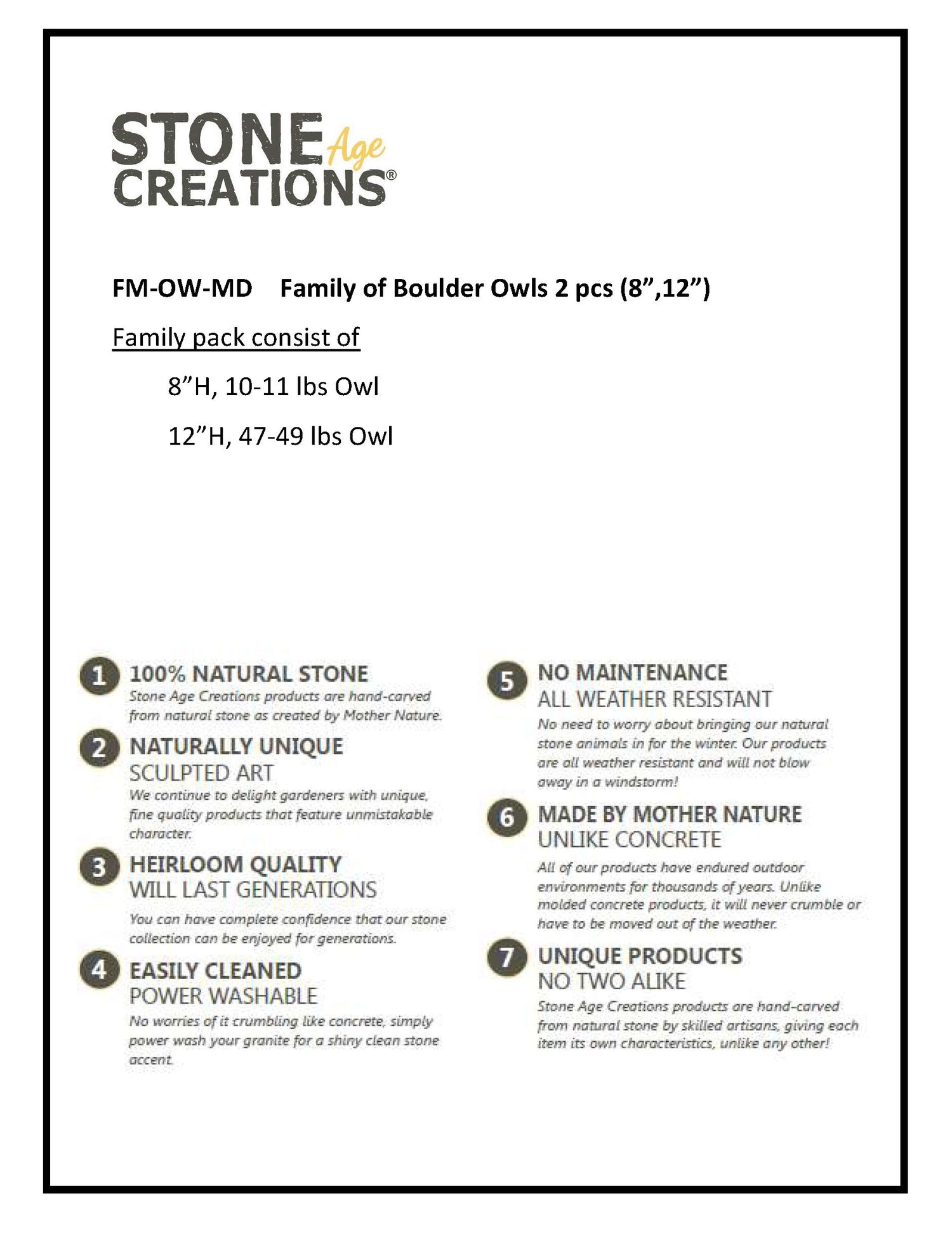 Family of Boulder Owls- 2 Pcs 8"H, 12"H