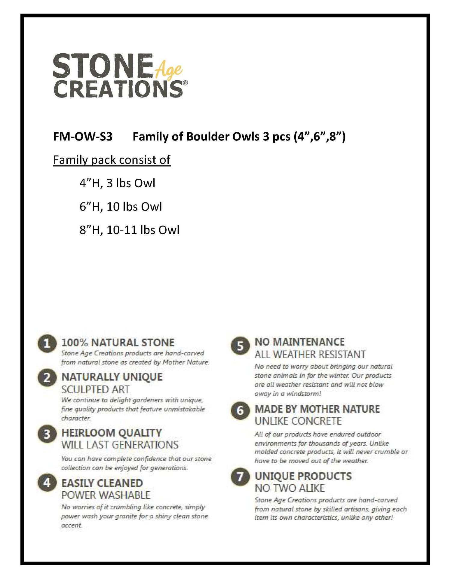 Family of Boulder Owls - 3 Pcs 4"H, 6"H, 8"H