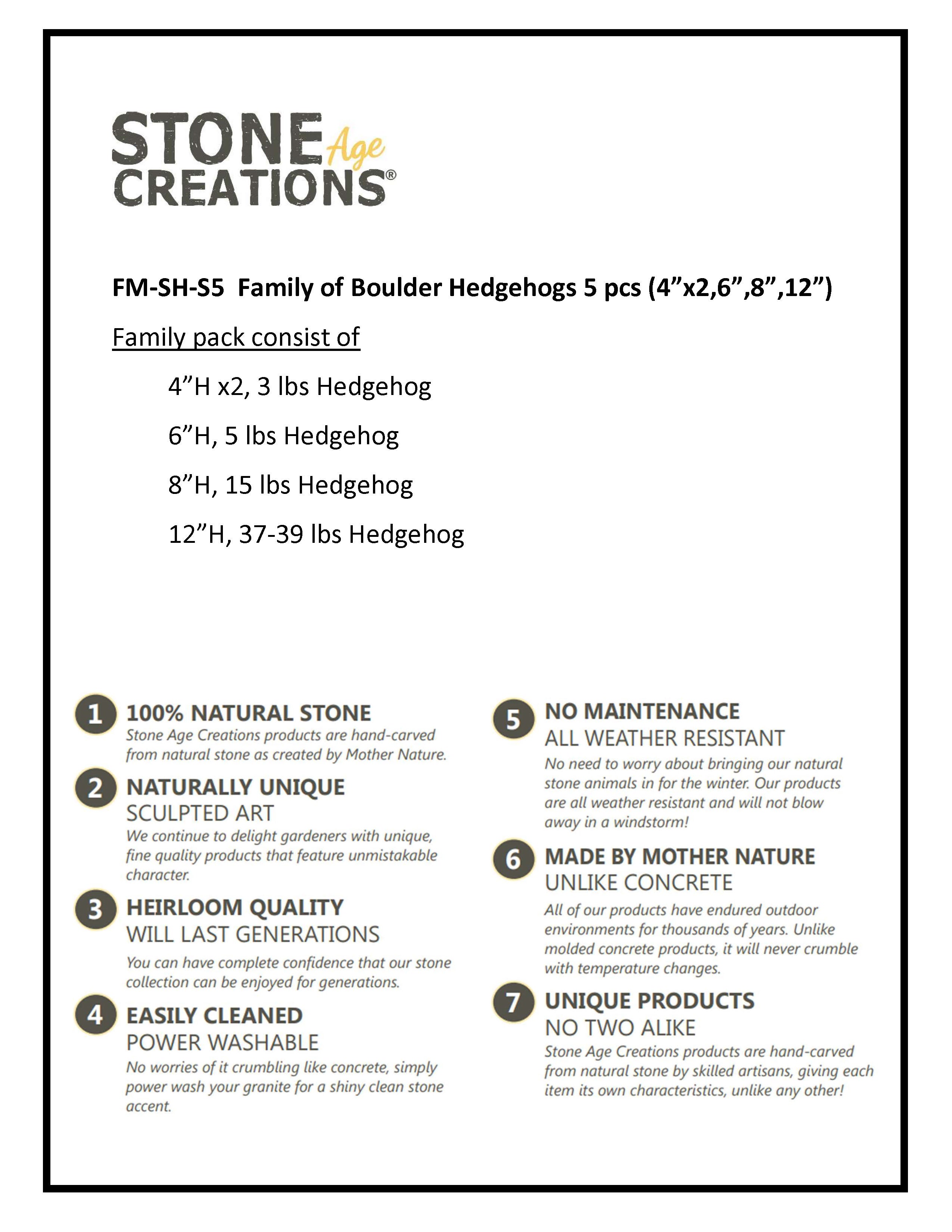 Family of Boulder Standing Hedgehogs - 5 Pcs 4"H, 6"H, 8"H, 12"H