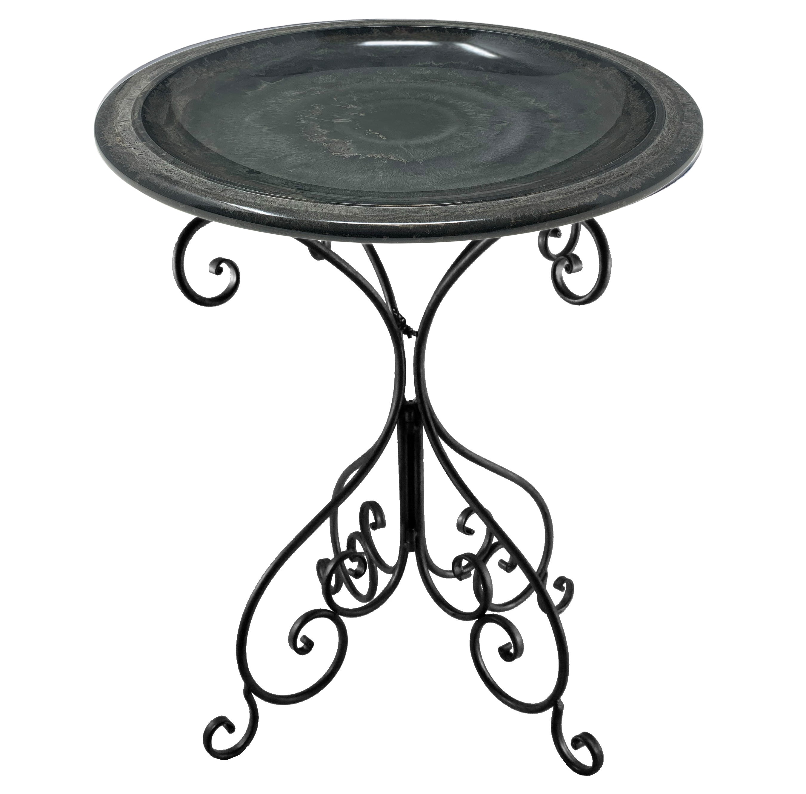 Gray Fiber Clay Birdbath on Black Metal Base - 28"