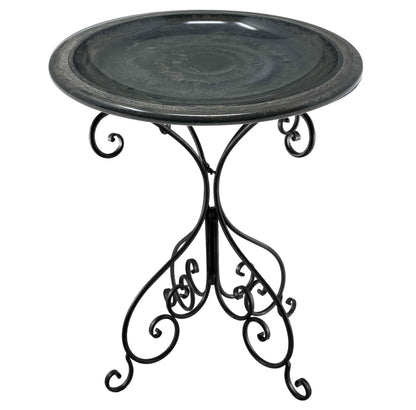 Gray Fiber Clay Birdbath on Black Metal Base - 28"