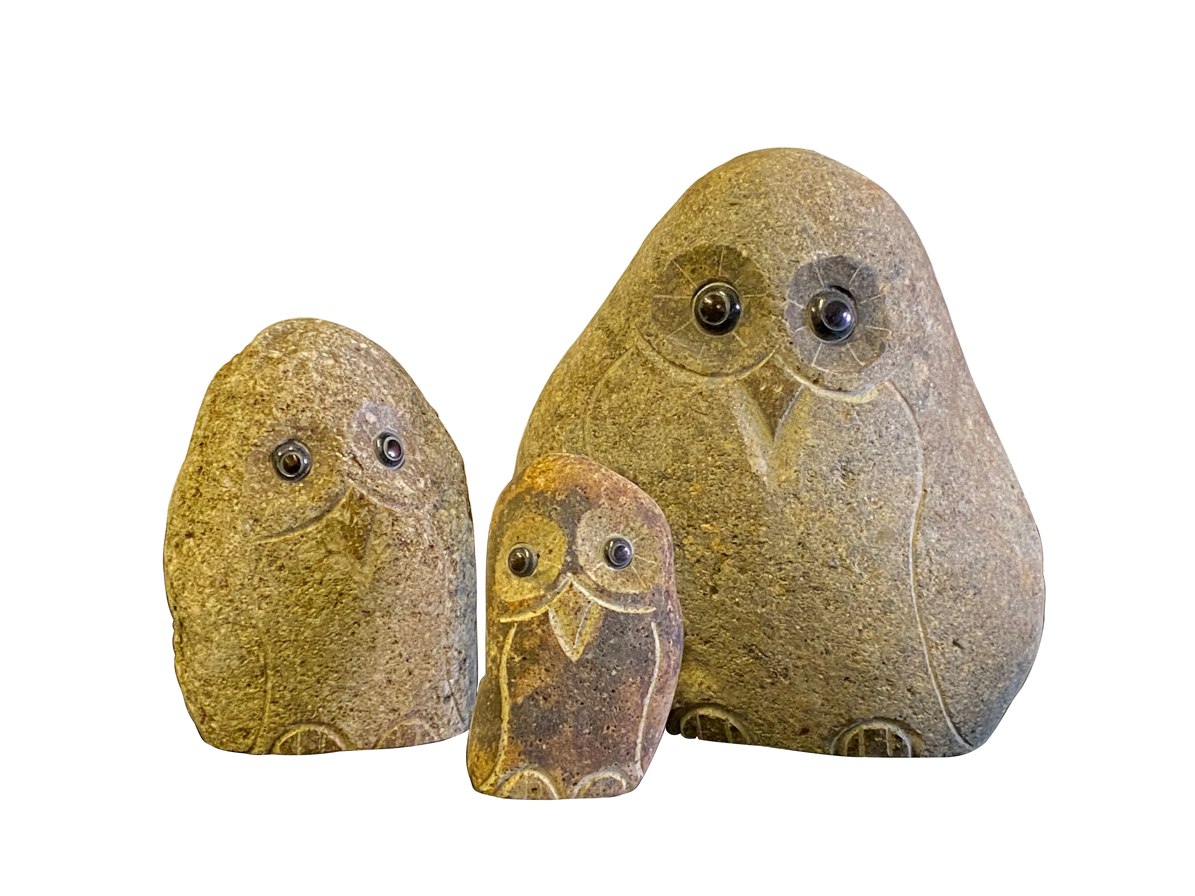 Family of Boulder Owls - 3 Pcs 6"H, 8"H, 12"H