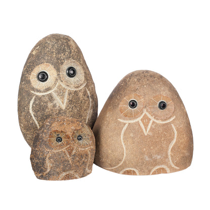Family of Boulder Owls - 3 Pcs 4"H, 6"H, 8"H