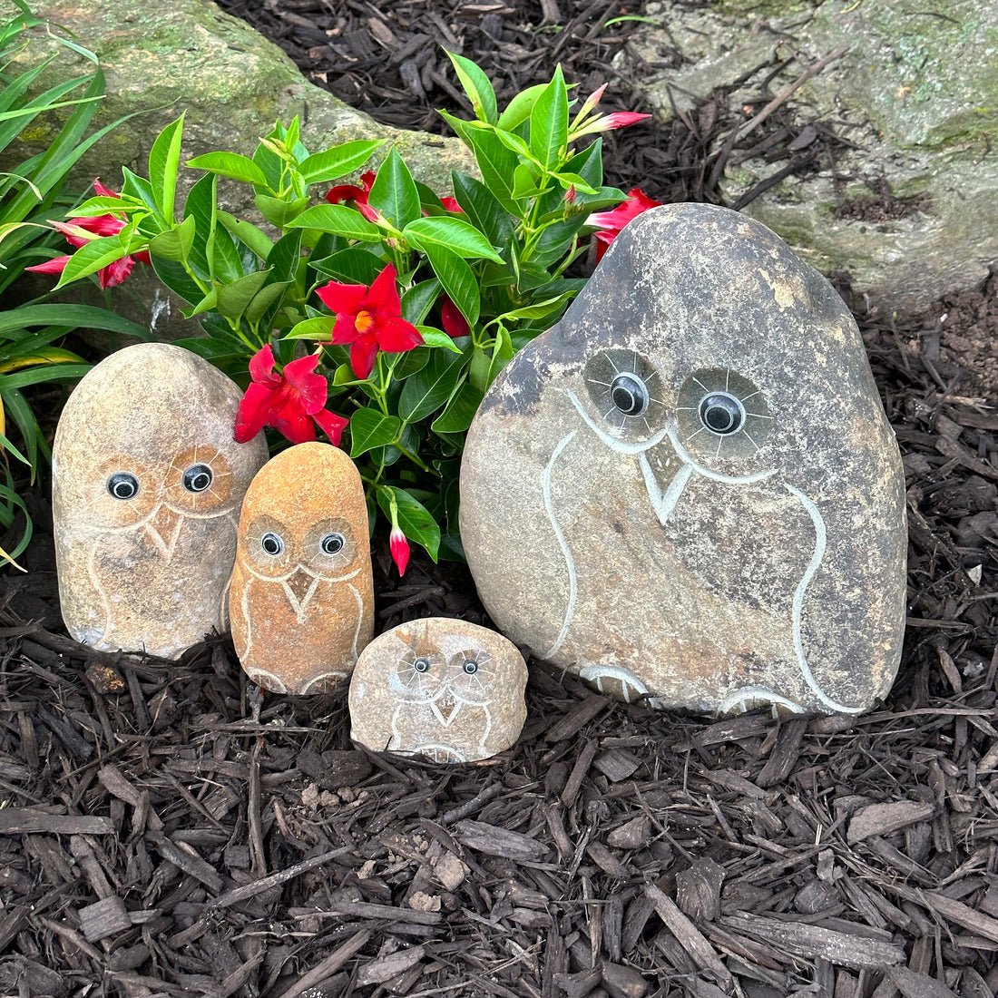 Family of Boulder Owls - 4 Pcs 4"H, 6"H, 8"H, 12"H