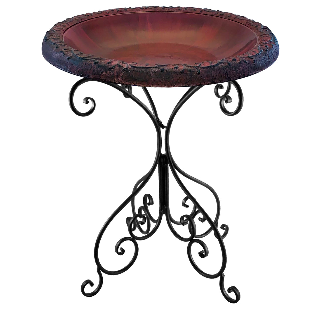 Red/Charcoal Fiber Clay Birdbath on Black Metal Base - 28"