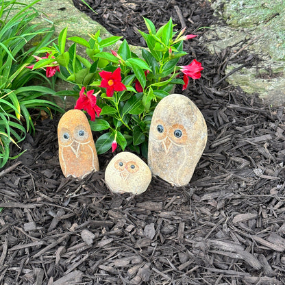 Family of Boulder Owls - 3 Pcs 4"H, 6"H, 8"H